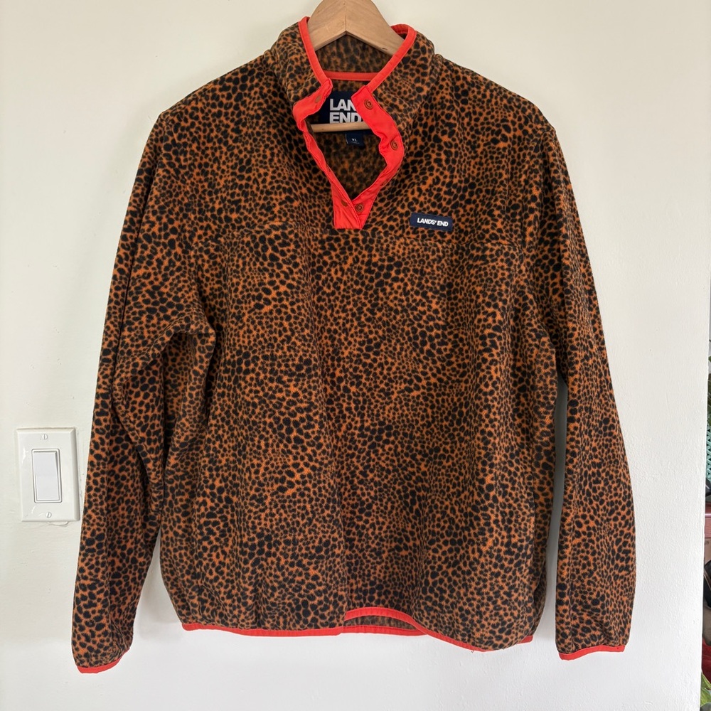 Lands End fleece leopard pullover sweater sz XL